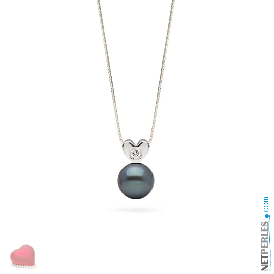 Pendentif Or Gris 14 carats et diamant VS1 avec perle noire d'eau douce qualité AAA